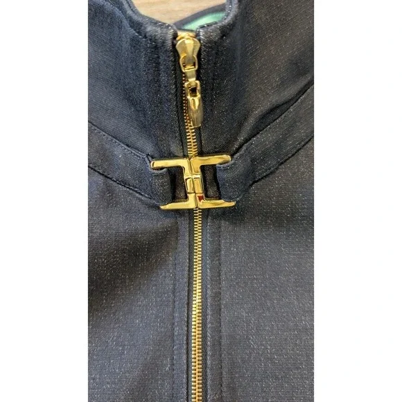 St John Marie Gray jacket S 3/4 Sleeve Full Zip Navy Blue Striped Trim Pockets